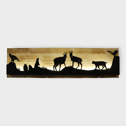 Bild beleuchtet 92 cm mit Silhouette Alpentiere auf Holz